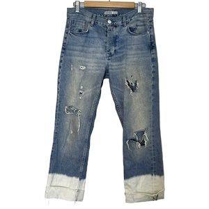 Zara Womens High Waist Distressed Beachy Jeans Size 4 Boyfriend Style Button Fly